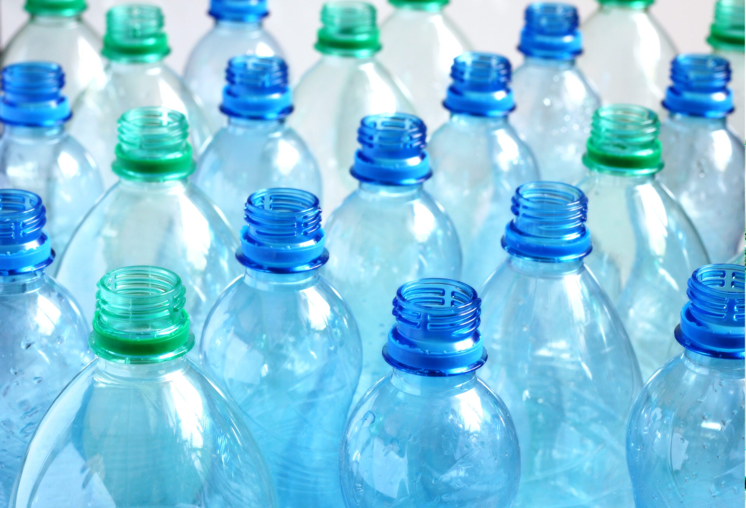 Rows of capless empty water bottles with blue and green tops